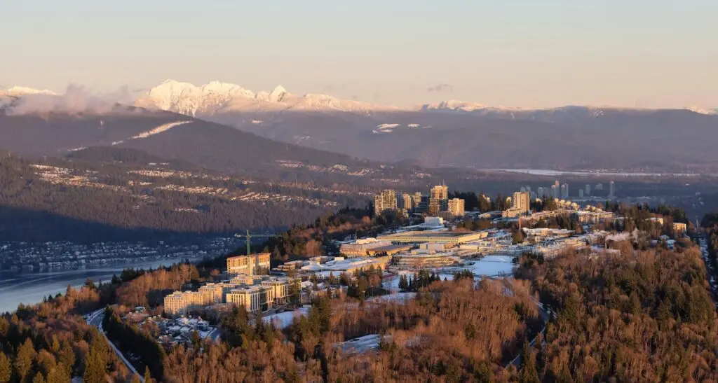 Aerial view of Simon Fraser University, SFU, on Burnaby Mountain